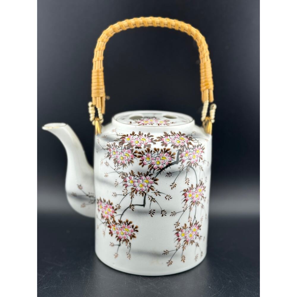 Japanese Cherry Blossom Teapot with Rattan Handle